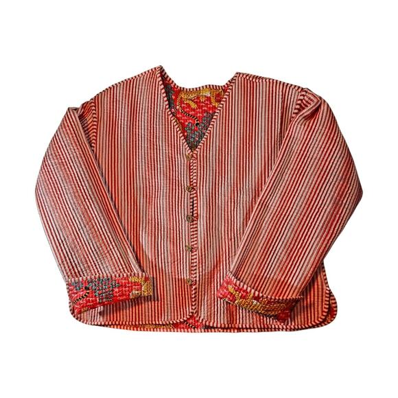 Artisan screen-print quilted jacket, jungle leopards, 100 % cotton, reversible - Picture 9 of 14